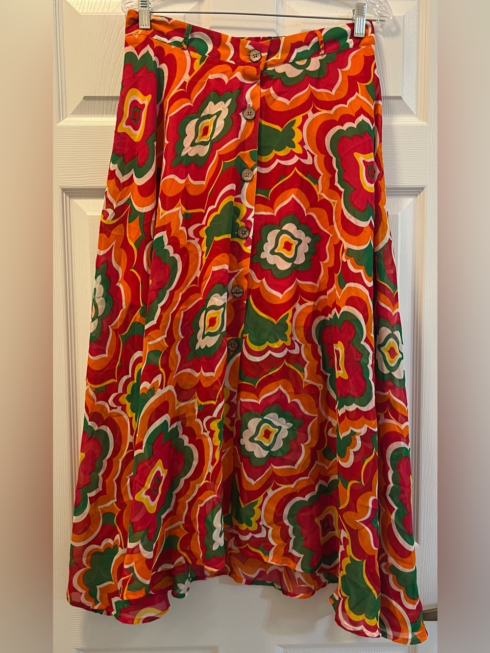 Truly 4 You Retro-Inspired Multi-Color Button-Front A-Line Skirt, size Large.